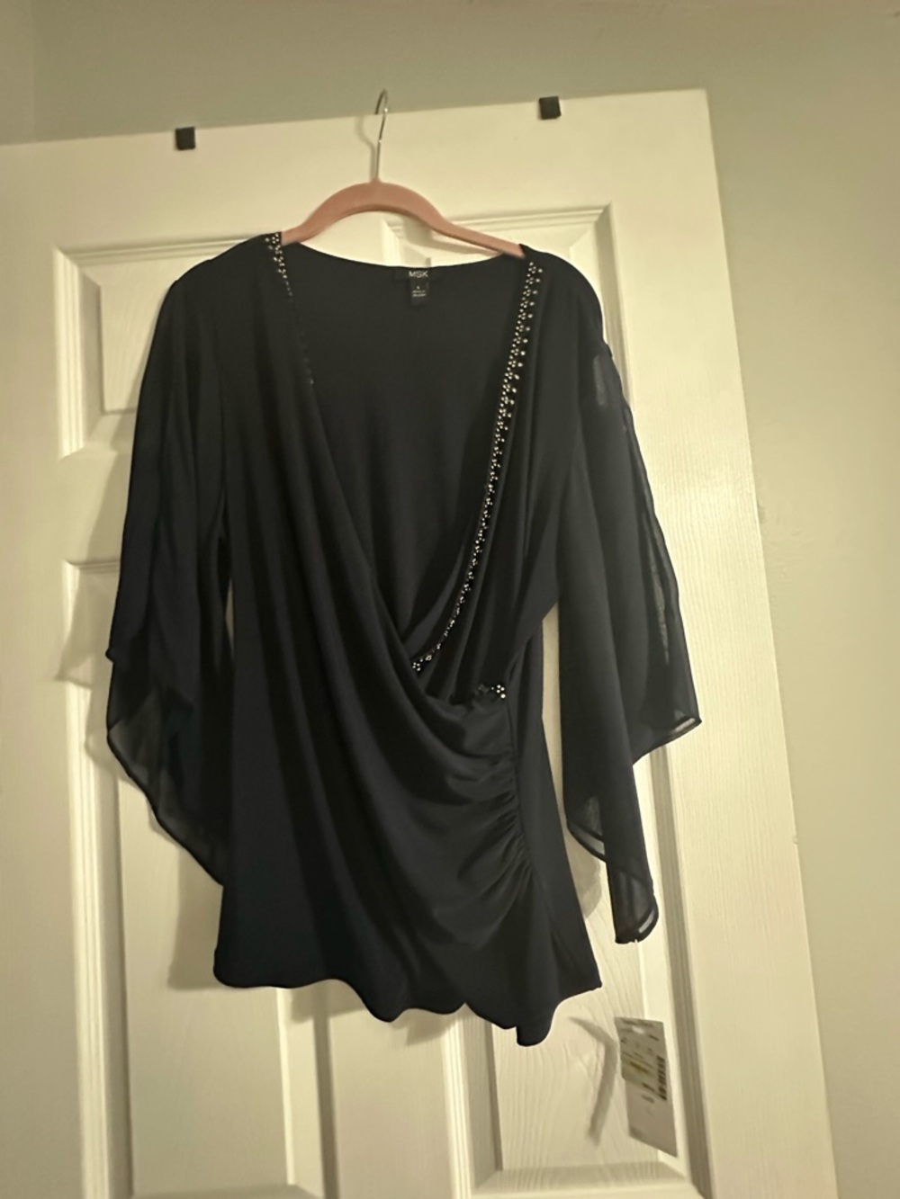 MSK Black Draped V-Neck Blouse with sparkle Accents